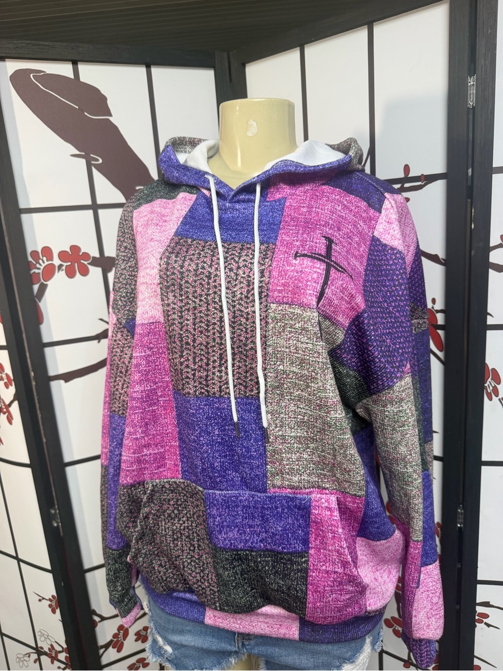 Patchwork Cowl Hoodie Sweater in Purple & Pink